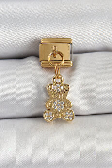 Tj 316L Çeli̇k Sallantılı Zi̇rkon Taşlı Ayıcık Model Gold Renk Nomi̇nati̇on Charm Tj-Bc1413