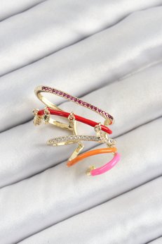 Evimdeyokyok Pirinç Zirkon Taşlı Kırmızı Turuncu Pembe Sıkıştırma Sağ Kıkırdak Gold Renk Kadın Küpe Tj-Bkp10755
