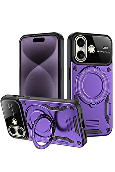 Toptan Bulurum iPhone 16 Kılıf Joy Lens Standlı Kapak - Mor