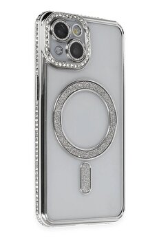 Toptan Bulurum iPhone 14 Kılıf Joke Simli Magneticsafe Kılıf - Gümüş