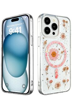 Toptan Bulurum iPhone 14 Pro Kılıf Daisy Simli Magsafe Kapak - Pembe