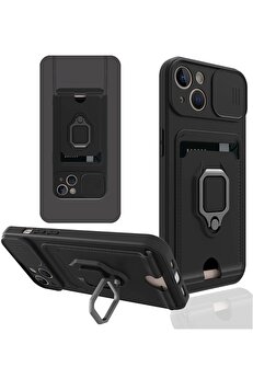 Toptan Bulurum iPhone 14 Kılıf Zuma Kartvizitli Yüzüklü Silikon - Siyah
