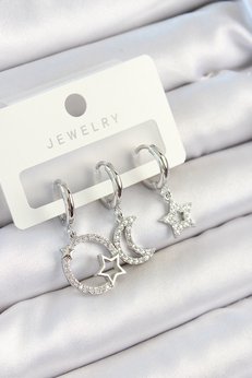 Evimdeyokyok Pirinç Zirkon Taşlı Ay Ve Yıldız Model Gümüş Renk 3 Lü Çift Kadın Küpe Set Tj-Bkp10797