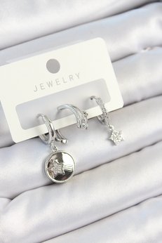 Evimdeyokyok Pirinç Zirkon Taşlı Sallantılı Yıldız Model Gümüş Renk 3 Lü Çift Kadın Küpe Set Tj-Bkp10792