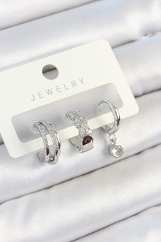 Evimdeyokyok Pirinç Zirkon Taşlı Halka Model Gümüş Renk 3 Lü Çift Kadın Küpe Set Tj-Bkp10800
