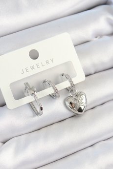 Evimdeyokyok Pirinç Zirkon Taşlı Kalp Model Gümüş Renk 3 Lü Çift Kadın Küpe Set Tj-Bkp10794