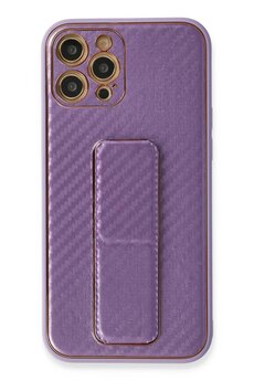 CepteToptan iPhone 12 Pro Kılıf Coco Karbon Standlı Kapak - Mor - DROPX4523-5090