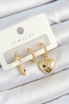 Evimdeyokyok Pirinç Zirkon Taşlı Kalp Model Gold Renk 3 Lü Çift Kadın Küpe Set Tj-Bkp10822