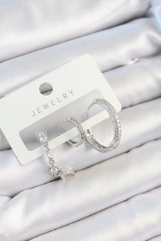 Evimdeyokyok Pirinç Zirkon Taşlı Sallantılı Model Gümüş Renk 3 Lü Çift Kadın Küpe Set Tj-Bkp10789