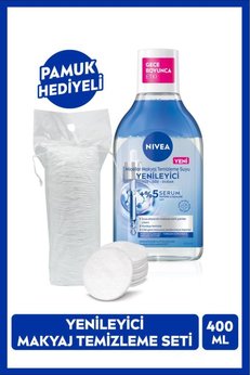 NIVEA Yenileyici Micellar Makyaj Temizleme Suyu 400ml Serum İçerikli Hassas Cilt Pamuk Hediyeli