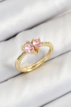 Evimdeyokyok Pirinç Zirkon Taşlı Pembe Kalp Model Gold Renk Kadın Yüzük Tj-Byk3802