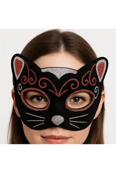 Evimdeyokyok Kadife Dokulu Sim Detaylı Işıltılı Kedi Maskesi Kırmızı Gümüş 20X13 Cm