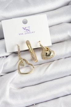 Evimdeyokyok Pirinç Zirkon Taşlı Kalp Model Gold Renk 3 Lü Kadın Küpe Tj-Bkp10936