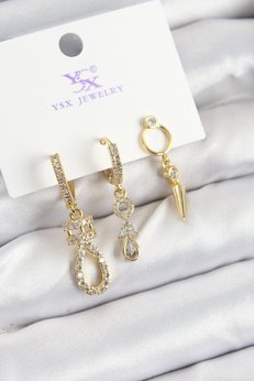 Evimdeyokyok Pirinç Zirkon Taşlı Sallantılı Model Gold Renk 3 Lü Kadın Küpe Tj-Bkp10939