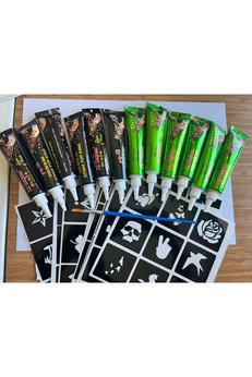 Airbrush Tattoo 6 Siyah 6 Kırmızı Kına 81 Desen Hediyeli Geçici Dövme Kına Seti