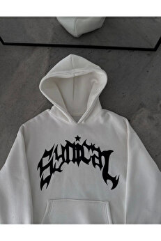 modamtn Üç İplik Kapşonlu Baskılı Oversize SweatShirt- Beyaz