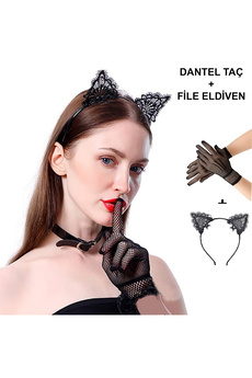 Ethab Ti̇caret Si̇yah Kedi̇ Dantel Taç + Eldi̇ven Seti̇ – Parti̇, Dans Ve Kostüm Kombi̇ni̇
