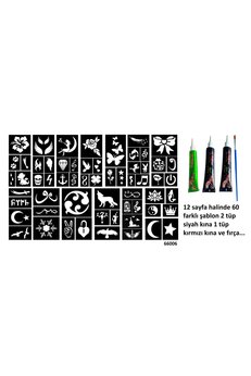 Airbrush Tattoo 12 Sayfa 60 Farklı Geçici Dövme Kalıbı 2 Siyah 1 Kırmızı Kına Geçici Dövme Seti