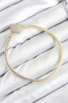 Toptan Bulurum Pirinç Charm Zirkon Taşlı Kalp Model Gold Renk Kadın Bileklik