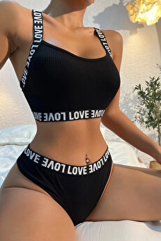 Buti̇k Kadın Si̇yah Çapraz Sırt Ve Love Yazı Detaylı Iç Çamaşır Takımı