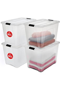 STOREMAX Ohyama Kapaklı Saklama Kutuları, 60L, 4'lü Set, Şeffaf, Güvenli Tokalar, İstiflenebilir, Çekme
