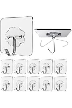 STOREMAX Askısı 10 Adet Şeffaf İz Bırakmayan Güçlü Yapışkanlı Kapı Arkası Banyo Mutfak Düzenleyici Metal Kanc