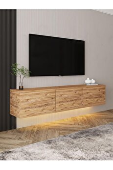 STOREMAX elizzashop Dizayn Neon Led Işıklı, Duvara Monte, 3 Kapaklı Tv Ünitesi, Tv Sehpası Atlantik Çam elizz