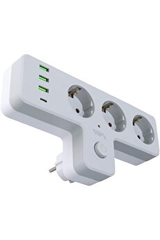 STOREMAX Lua Anahtarlı Topraklı Priz, 3 SOKETLİ 3xUSB 2.4A, 1xTYPE-C 20 watt, AKIM KORUMALI PRİZ, 10 A, 2500