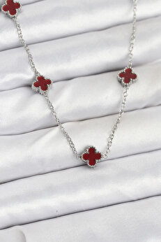 Tj 316L Çeli̇k Zi̇nci̇r Gümüş Renk Bordo Baby Boy Yonca Kadın Kolye Tj-Bko10577