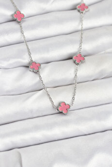 Tj 316L Çeli̇k Zi̇nci̇r Gümüş Renk Pembe Baby Boy Yonca Kadın Kolye Tj-Bko10575
