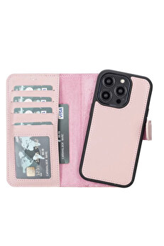 PLM Apple iPhone 14 Pro Uyumlu Deri Cüzdanlı Kılıf MWWN NU2 Pembe