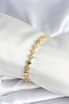 Toptan Bulurum Pirinç Gold Renk Zirkon Taşlı Yonca Model Kadın Bileklik