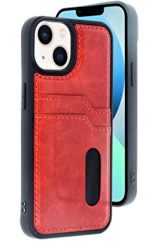 Buti̇k İphone 14 Kılıf Sara Kartvi̇zi̇tli̇ Deri̇ Kılıf - Kırmızı-(5796)