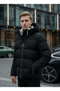 Gray Clothing Erkek Mont Siyah Kışlık Mont Su ve Soğuk Geçirmez Boynu Kürklü Şişme Mont Erkek Kaban