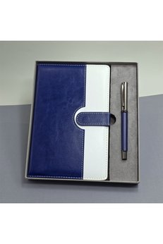 Evimdeyokyok Mavi Beyaz Deri Kapaklı Defter Ve Metal Kalem Set