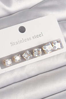 Buti̇k 316L Çeli̇k Gold Renk Kare Zi̇rkon Taş Model Kadın Küpe Seti̇