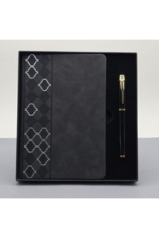 Evimdeyokyok Desenli Siyah Deri Defter Kalem Set