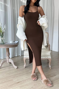 Zikuv Giyim Ve Moda Tasarım Kahverengi Yırtmaçlı Diz Altı Vücudu Saran Elbise