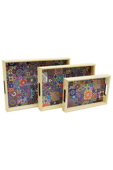Go İthalat 3 Boy Ahşap Tepsi̇ Desenli̇ Zemi̇n 16X26 - 21X31 - 24X34Cm
