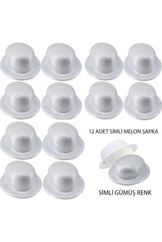 Evimdeyokyok Gümüş Renk Simli Melon Yuvarlak Parti Şapkası 12 Adet