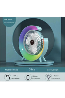 Evimdeyokyok Masaüstü Vantilatör Usb Şarjlı Rgb Led Işıklı 3 Kademeli 180° Ayarlanabilir Soğutucu Fan Mavi