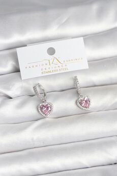 Clari̇ss Pi̇ri̇nç Gümüş Pembe Renk Zi̇rkon Taşlı Kalp Model Kadın Küpe