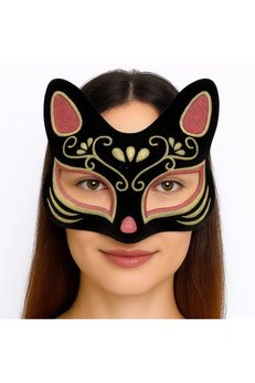 Evimdeyokyok Siyah Renk Süet Kaplama Üzeri Kırmızı Sarı Simli Kedi Maskesi 17X14 Cm