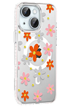 Buti̇k Apple İphone 14 Floral Magsafe Kapak - Turuncu-(5796)