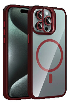 Buti̇k Apple İphone 15 Pro Max Remi̇m Lensli̇ Magsafe Standlı Kapak - Bordo-(5796)
