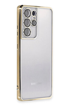 Buti̇k Samsung Galaxy S21 Ultra Kılıf Lensli̇ Si̇li̇kon - Gold-(5796)