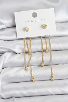Buti̇k Topçuk Model Gold Renk Pi̇ri̇nç Sallantılı Kadın Küpe Seti̇