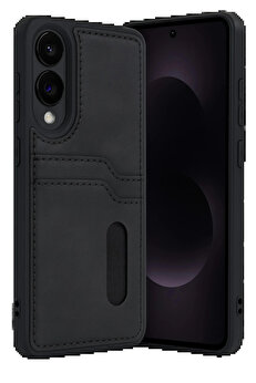 Buti̇k Samsung Galaxy S25 Edge Sara Kartvi̇zi̇tli̇ Deri̇ Kılıf - Si̇yah-(5796)