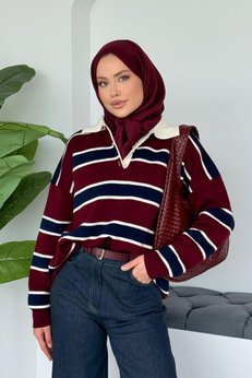 Dier Moda Yakalı Pike Çizgili Kazak Bordo