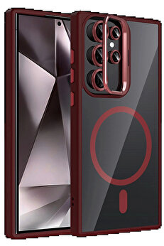 Buti̇k Samsung Galaxy S24 Ultra Remi̇m Lensli̇ Magsafe Standlı Kapak - Bordo-(5796)